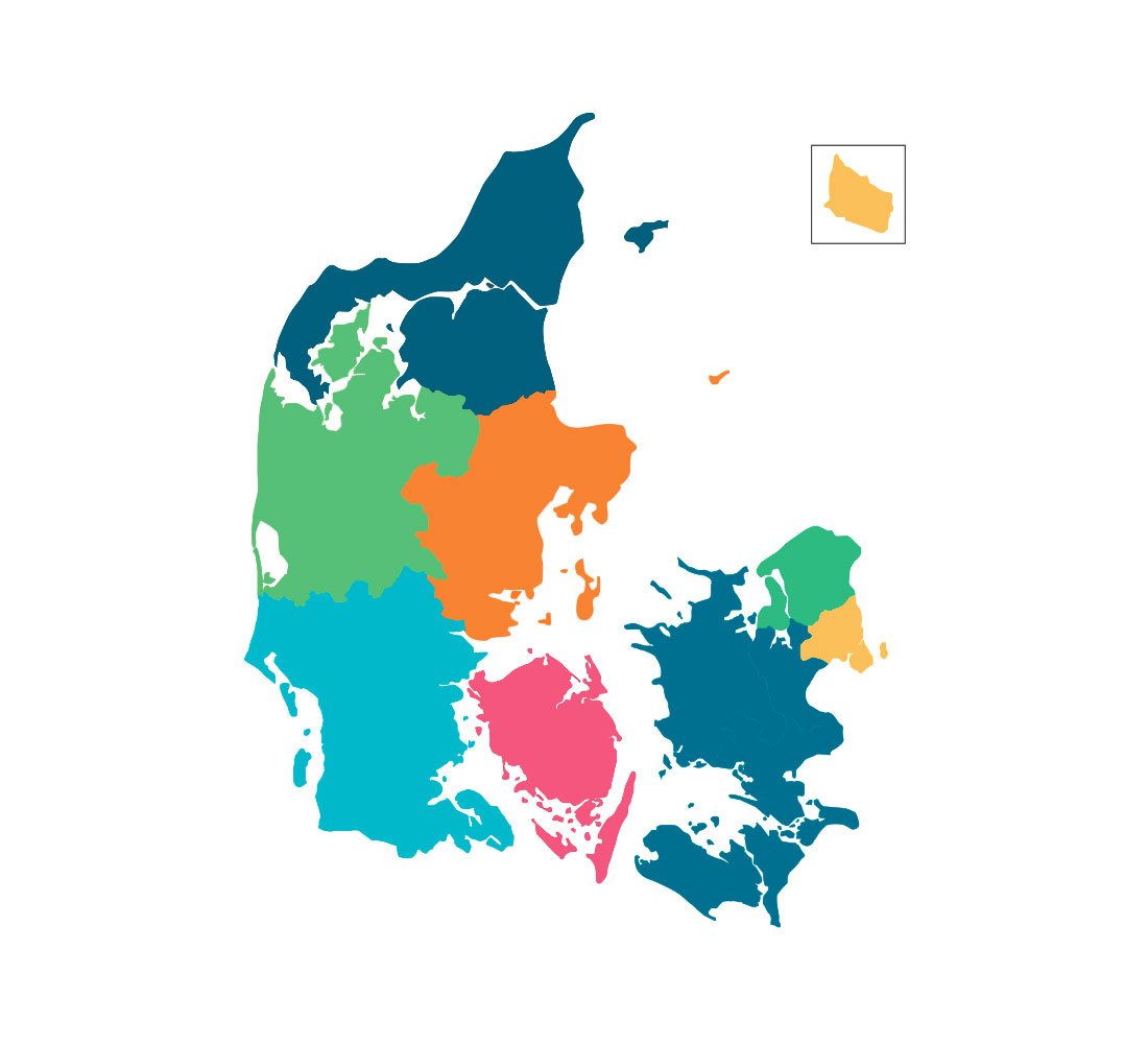 DK-kort inddelt i 8 regioner